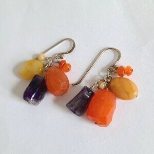 Vintage 80s Boho Barse Sterling Silver Amethyst Gemstone Beaded Dangle Earrings